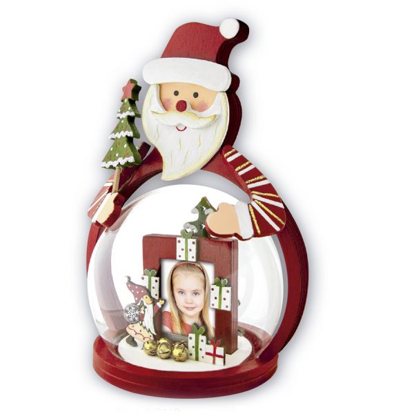 decoracion navidad de brubuja de cristal con foto y decorado en madera roja motivo navidad
