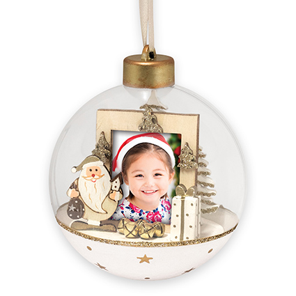 bola navideña decorada en madera y pulpurina para introducir foto