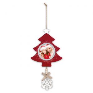adorno de navidad en forma de árbol y personalizable con una foto circular