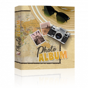 álbum para fotografía para ordenar y archivar con diseño de imagenes de viajes camara de fotos y gafas de sol